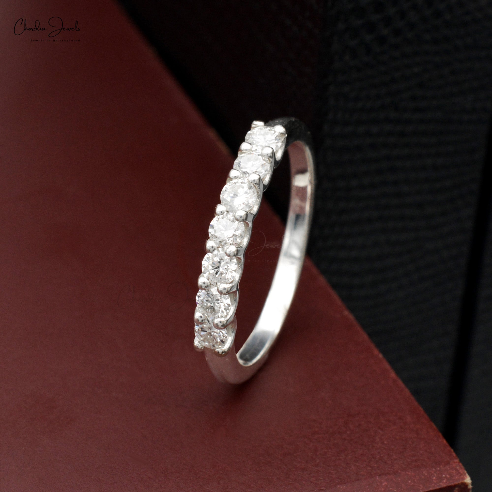 Dainty Diamond 7 Stone Half Way Band In Real 14k White Gold Stacking Promise Rings For Her