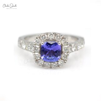 Natural Tanzanite Halo Ring In 14k Real White Gold Diamond Wedding Certified Rings For Her