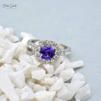Natural Tanzanite Halo Ring In 14k Real White Gold Diamond Wedding Certified Rings For Her