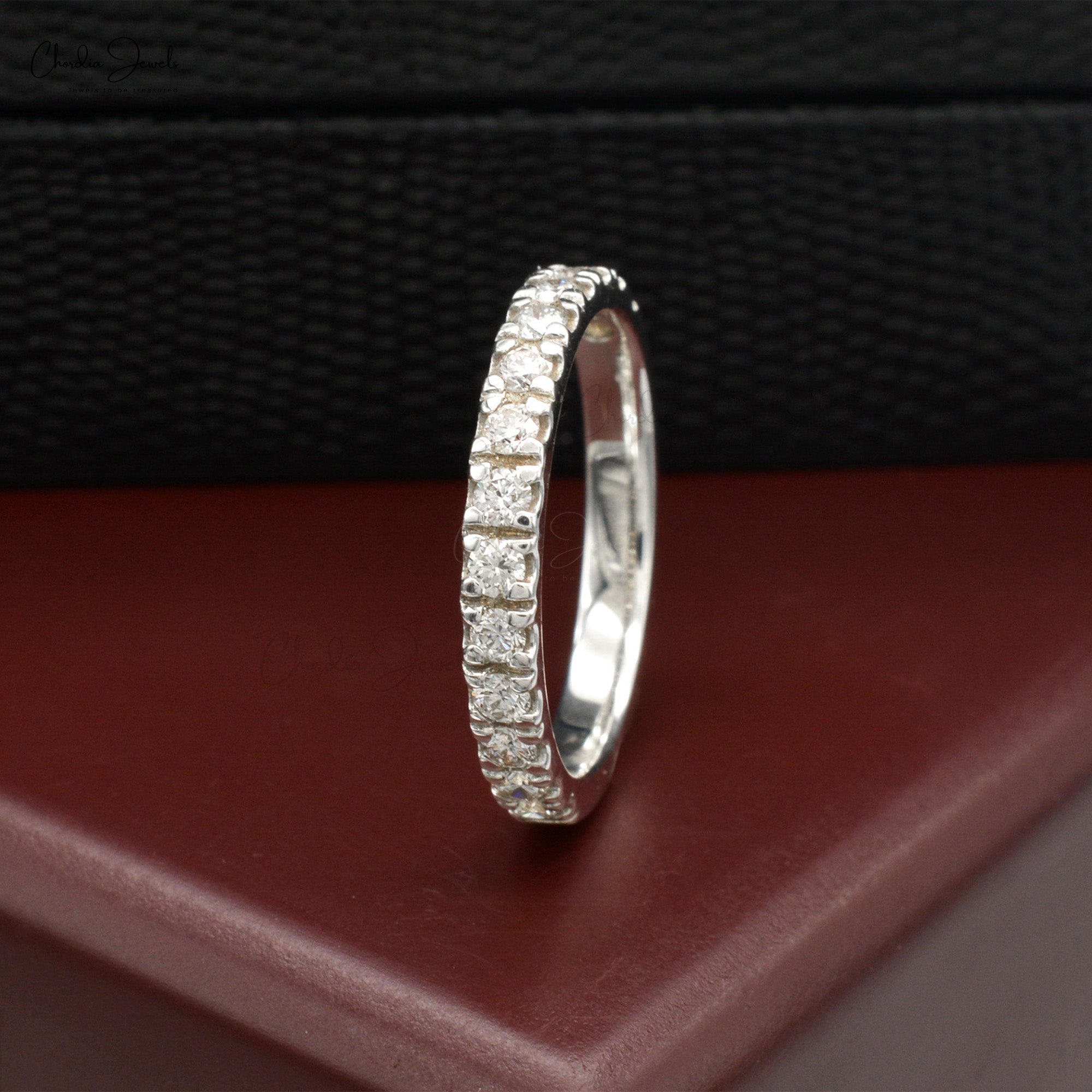 Round Cut Pave Stacking Band In Real 14k White Gold Diamond Light Weight Half Eternity Ring