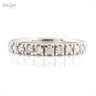 Round Cut Pave Stacking Band In Real 14k White Gold Diamond Light Weight Half Eternity Ring