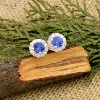 Genuine Tanzanite & Diamond Halo Studs 14k White Gold Push Back Earrings For Wedding Gift