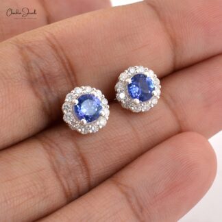 Genuine Tanzanite & Diamond Halo Studs 14k White Gold Push Back Earrings For Wedding Gift