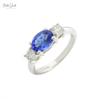 Three Stone Wedding Ring In 14k White Gold Tanzanite 8x6mm Gemstone And Diamond Rings