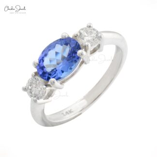 IGI Certified 3 Stone Ring In 14k White Gold Oval Tanzanite Diamond Proposal Rings