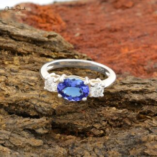 Three Stone Wedding Ring In 14k White Gold Tanzanite 8x6mm Gemstone And Diamond Rings