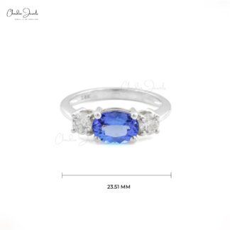 Three Stone Wedding Ring In 14k White Gold Tanzanite 8x6mm Gemstone And Diamond Rings