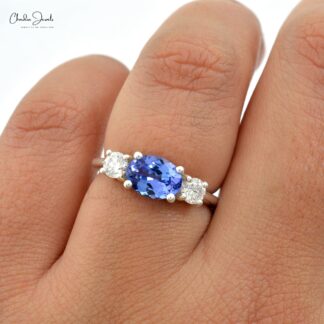 Three Stone Wedding Ring In 14k White Gold Tanzanite 8x6mm Gemstone And Diamond Rings