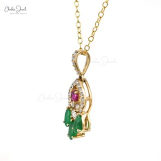 Natural Multi-Gemstones Dangling Pendant In 14k Yellow Gold