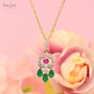 Natural Multi-Gemstones Dangling Pendant In 14k Yellow Gold