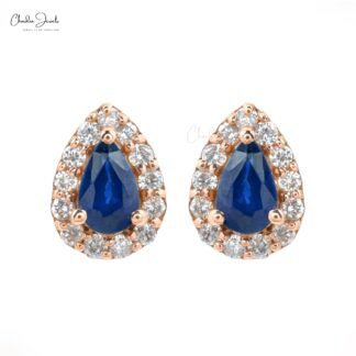 AAA Blue Sapphire Halo Studs In 14k Real Rose Gold Diamond Push Back Bridal Earrings