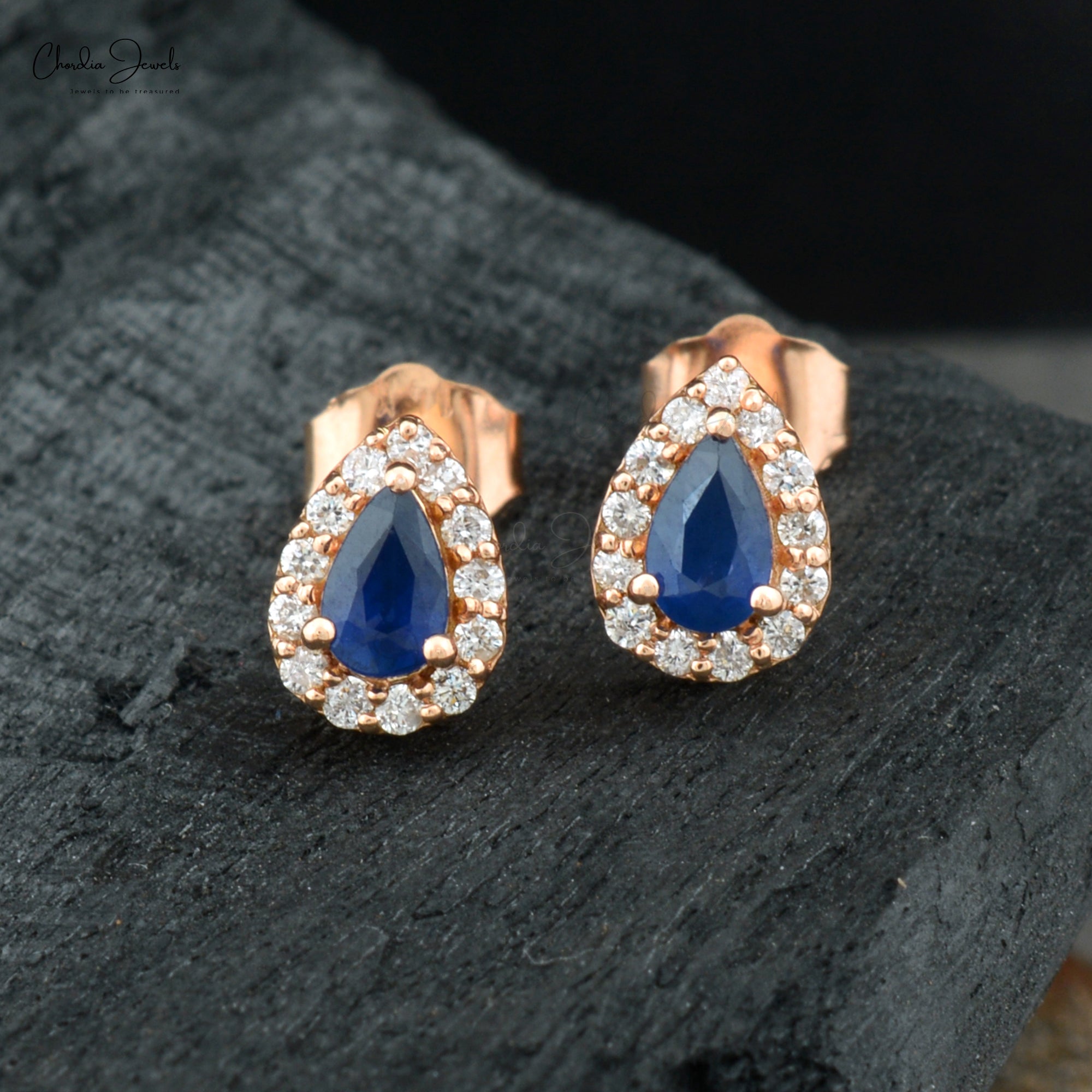 AAA Blue Sapphire Halo Studs In 14k Real Rose Gold Diamond Push Back Bridal Earrings