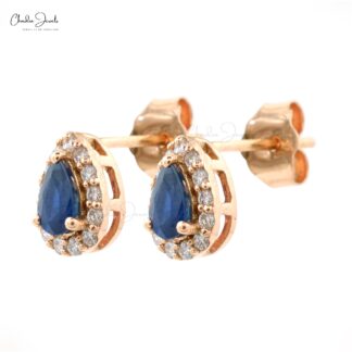 AAA Blue Sapphire Halo Studs In 14k Real Rose Gold Diamond Push Back Bridal Earrings