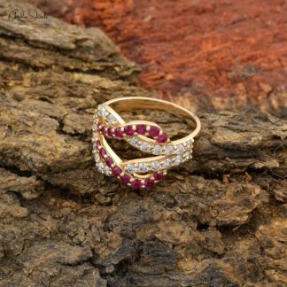 Crossover Pave Ring With 0.76 Ct Burma Ruby Diamond 14k Yellow Gold Overlapping Rings