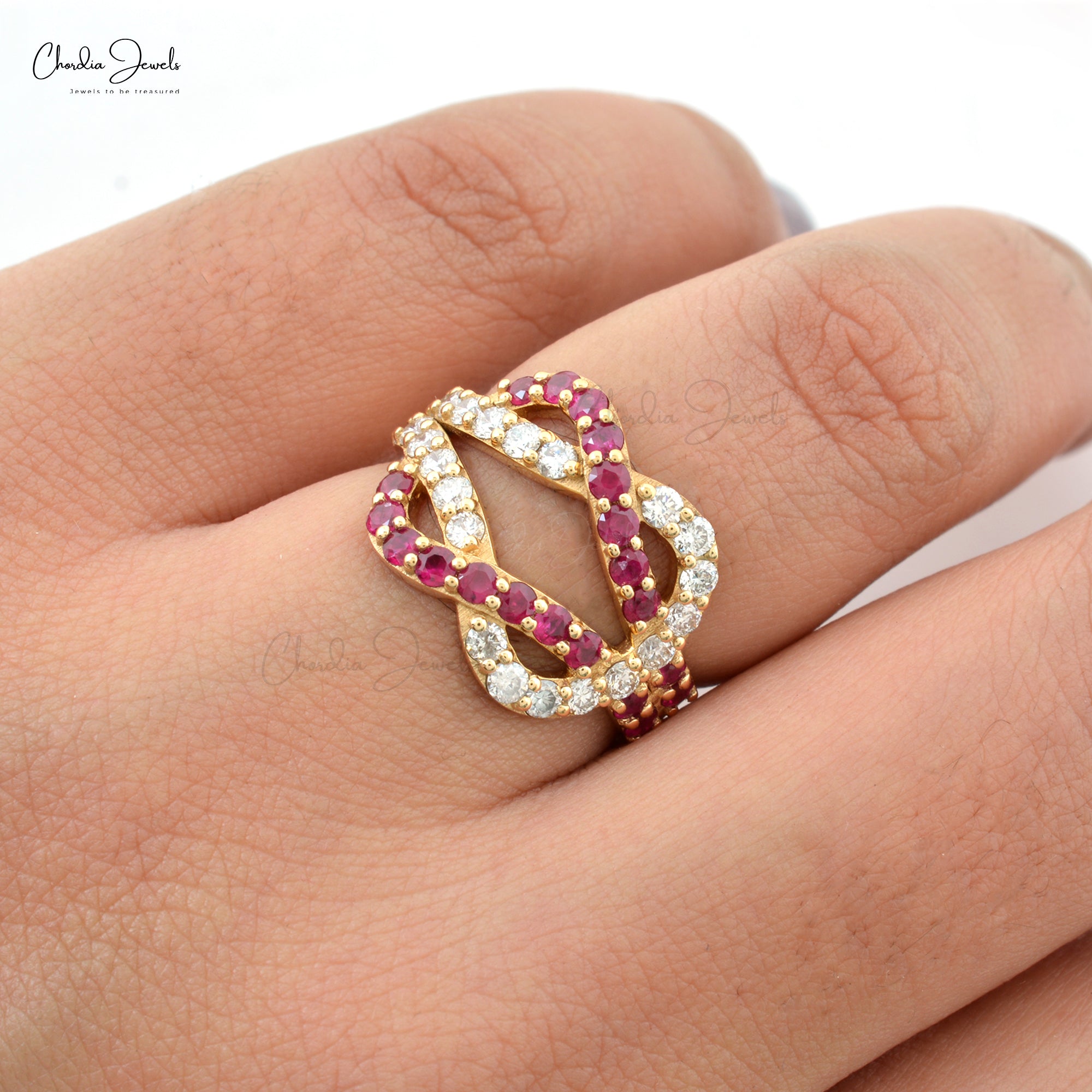 Crossover Pave Ring With 0.76 Ct Burma Ruby Diamond 14k Yellow Gold Overlapping Rings