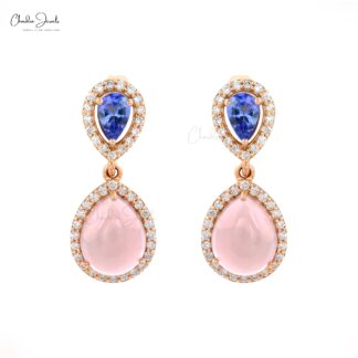 Pear Shape Dangle Earring In 14k Rose Gold Tanzanite & Rose Quartz Halo Diamond Earrings