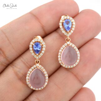 Pear Shape Dangle Earring In 14k Rose Gold Tanzanite & Rose Quartz Halo Diamond Earrings