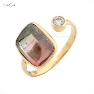 Solid 14k Gold Open Cuff Ring In 5.87 Ct Bi Tourmaline Diamond 2 Stone Women Ring