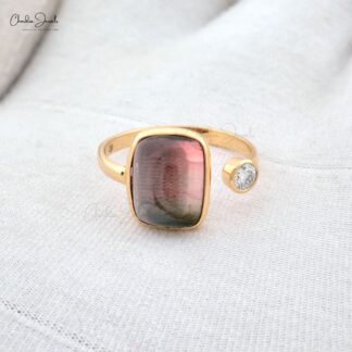 Solid 14k Gold Open Cuff Ring In 5.87 Ct Bi Tourmaline Diamond 2 Stone Women Ring