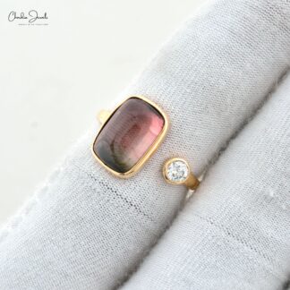 Solid 14k Gold Open Cuff Ring In 5.87 Ct Bi Tourmaline Diamond 2 Stone Women Ring