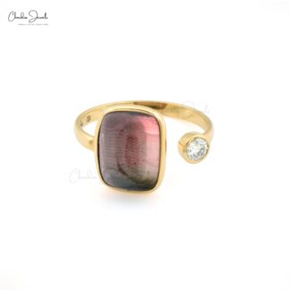 Solid 14k Gold Open Cuff Ring In 5.87 Ct Bi Tourmaline Diamond 2 Stone Women Ring
