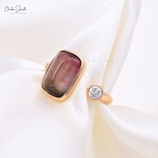 Solid 14k Gold Open Cuff Ring In 5.87 Ct Bi Tourmaline Diamond 2 Stone Women Ring