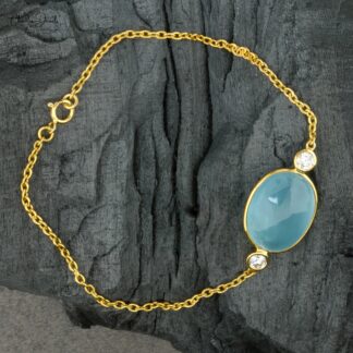 Three Stone Chain Bracelet With 12.63 Ct Aquamarine & Diamond 14k Yellow Gold Bracelets