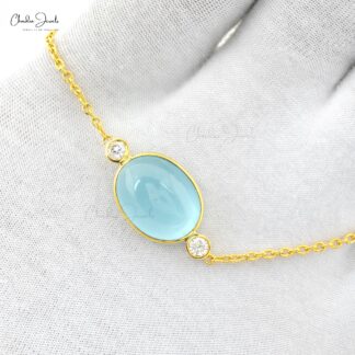 Three Stone Chain Bracelet With 12.63 Ct Aquamarine & Diamond 14k Yellow Gold Bracelets