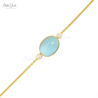 Three Stone Chain Bracelet With 12.63 Ct Aquamarine & Diamond 14k Yellow Gold Bracelets