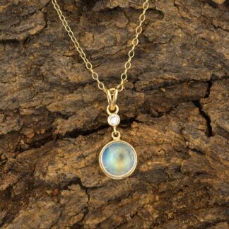 Round Rainbow Moonstone Dangling Pendant In Pure 14k Yellow Gold Diamond Fine Jewelry