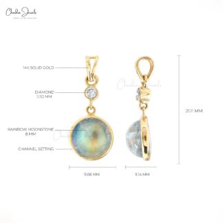 Round Rainbow Moonstone Dangling Pendant In Pure 14k Yellow Gold Diamond Fine Jewelry