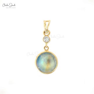 Round Rainbow Moonstone Dangling Pendant In Pure 14k Yellow Gold Diamond Fine Jewelry