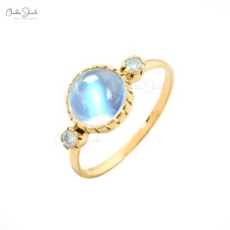Real 14k Yellow Gold 3 Stone Wedding Ring With 8mm Rainbow Moonstone And Diamond Rings