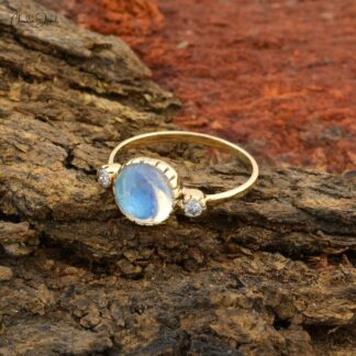 Real 14k Yellow Gold 3 Stone Wedding Ring With 8mm Rainbow Moonstone And Diamond Rings
