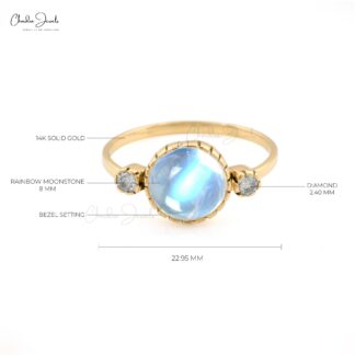 Real 14k Yellow Gold 3 Stone Wedding Ring With 8mm Rainbow Moonstone And Diamond Rings