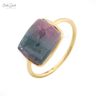 Single Stone Statement Ring in 14k Yellow Gold Bio Tourmaline 10.42 Ct Cushion Gemstone Ring