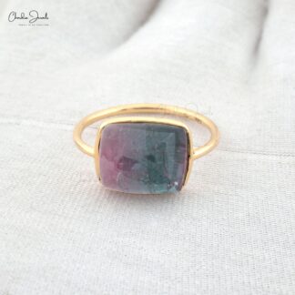 Single Stone Statement Ring in 14k Yellow Gold Bio Tourmaline 10.42 Ct Cushion Gemstone Ring
