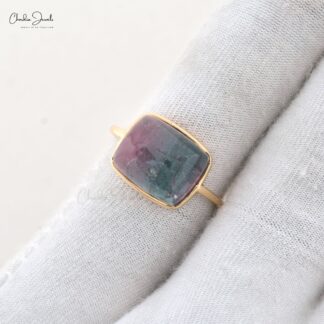 Single Stone Statement Ring in 14k Yellow Gold Bio Tourmaline 10.42 Ct Cushion Gemstone Ring