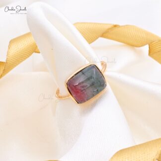 Single Stone Statement Ring in 14k Yellow Gold Bio Tourmaline 10.42 Ct Cushion Gemstone Ring