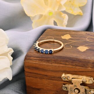Half Eternity Stack Band With 2.5mm Blue Sapphire Wedding Ring In 14k Real Yellow Gold