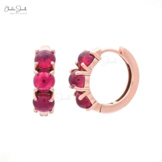 Trio Gemstone Huggies With 4mm Pink Tourmaline Latch Back Hoops Earrings In 14k Rose Gold
