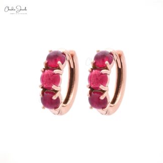 Trio Gemstone Huggies With 4mm Pink Tourmaline Latch Back Hoops Earrings In 14k Rose Gold