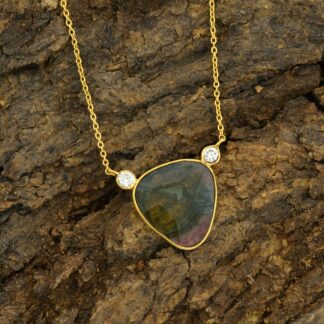 Diamond Accented Chain Necklace With 2.3 Ct Bio Tourmaline 14k Yellow Gold Women Necklaces