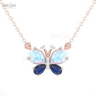 Pear Moonstone Papillion Necklace In Real 14k Gold Blue Sapphire And Diamond Chain Necklace