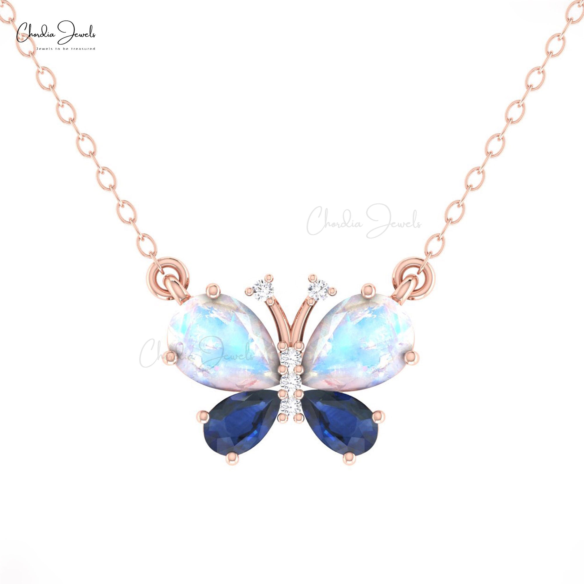 Pear Moonstone Papillion Necklace In Real 14k Gold Blue Sapphire And Diamond Chain Necklace