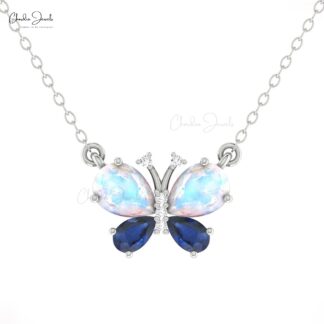 Pear Moonstone Papillion Necklace In Real 14k Gold Blue Sapphire And Diamond Chain Necklace