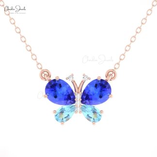 Solid 14k Gold Butterfly Necklace With 1.2 Ct Tanzanite And Aquamarine Diamond Pave Necklaces
