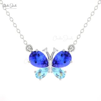 Solid 14k Gold Butterfly Necklace With 1.2 Ct Tanzanite And Aquamarine Diamond Pave Necklaces