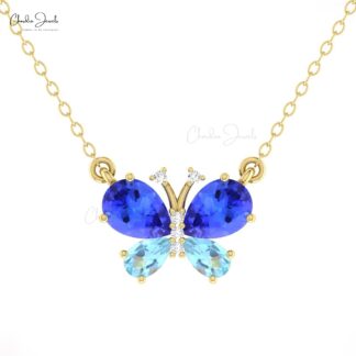 Solid 14k Gold Butterfly Necklace With 1.2 Ct Tanzanite And Aquamarine Diamond Pave Necklaces
