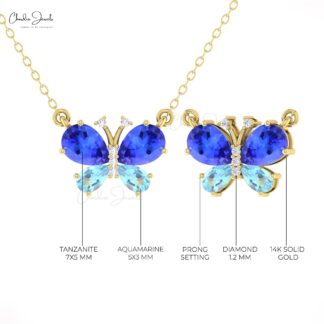 Solid 14k Gold Butterfly Necklace With 1.2 Ct Tanzanite And Aquamarine Diamond Pave Necklaces